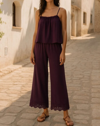 paarse boho katoenen broek met gehaakte rand