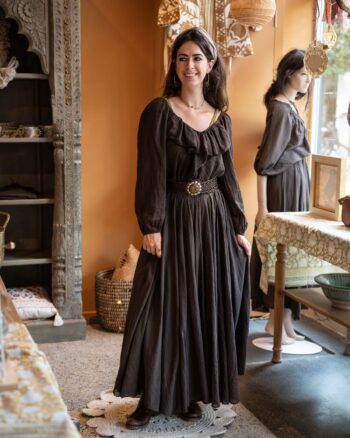 Bohemian stijl rok ‘Liora’ donkerbruin gecombineerd met blouse