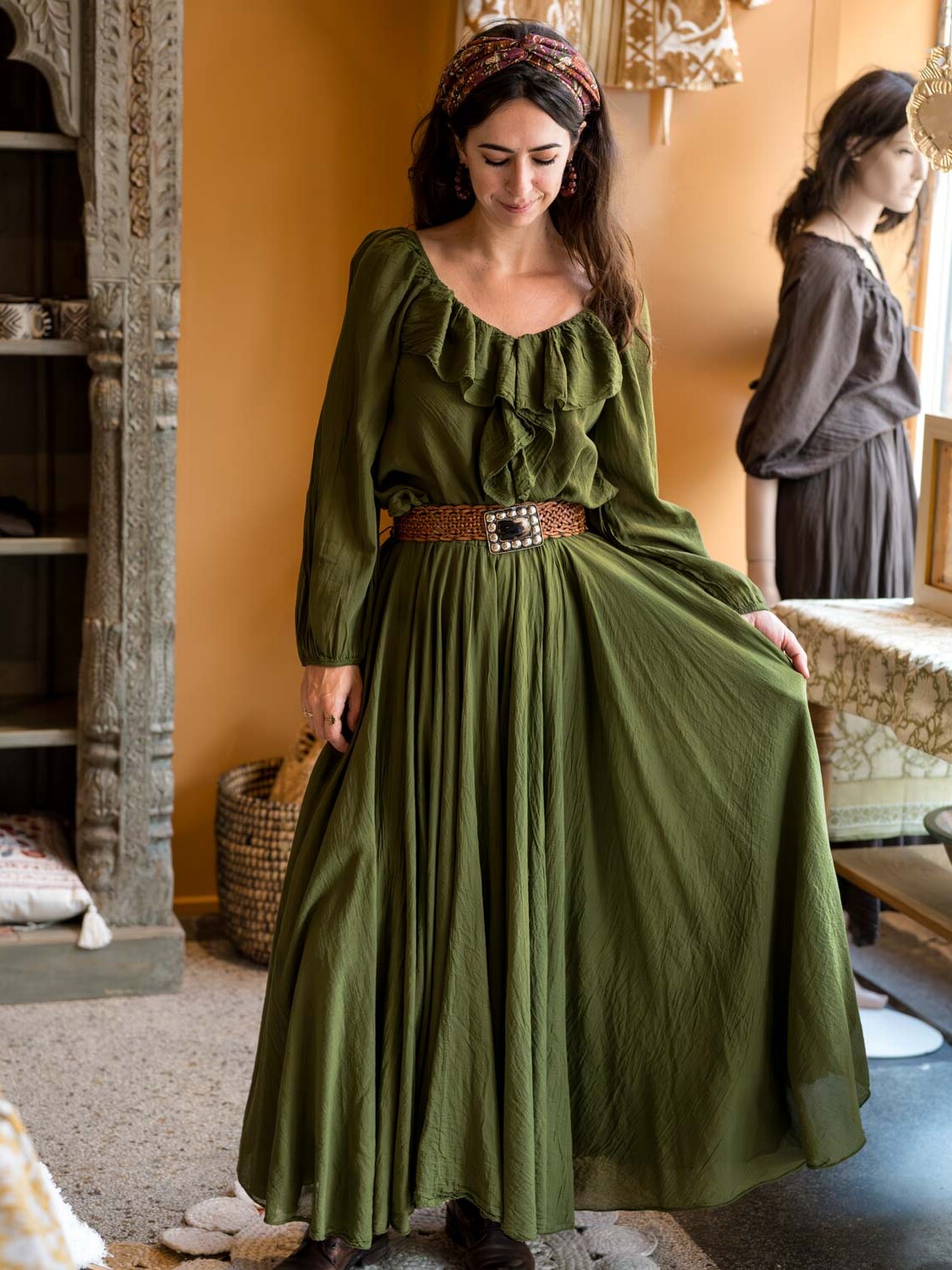 Groene lange boho rok ‘Liora’ – voorkant