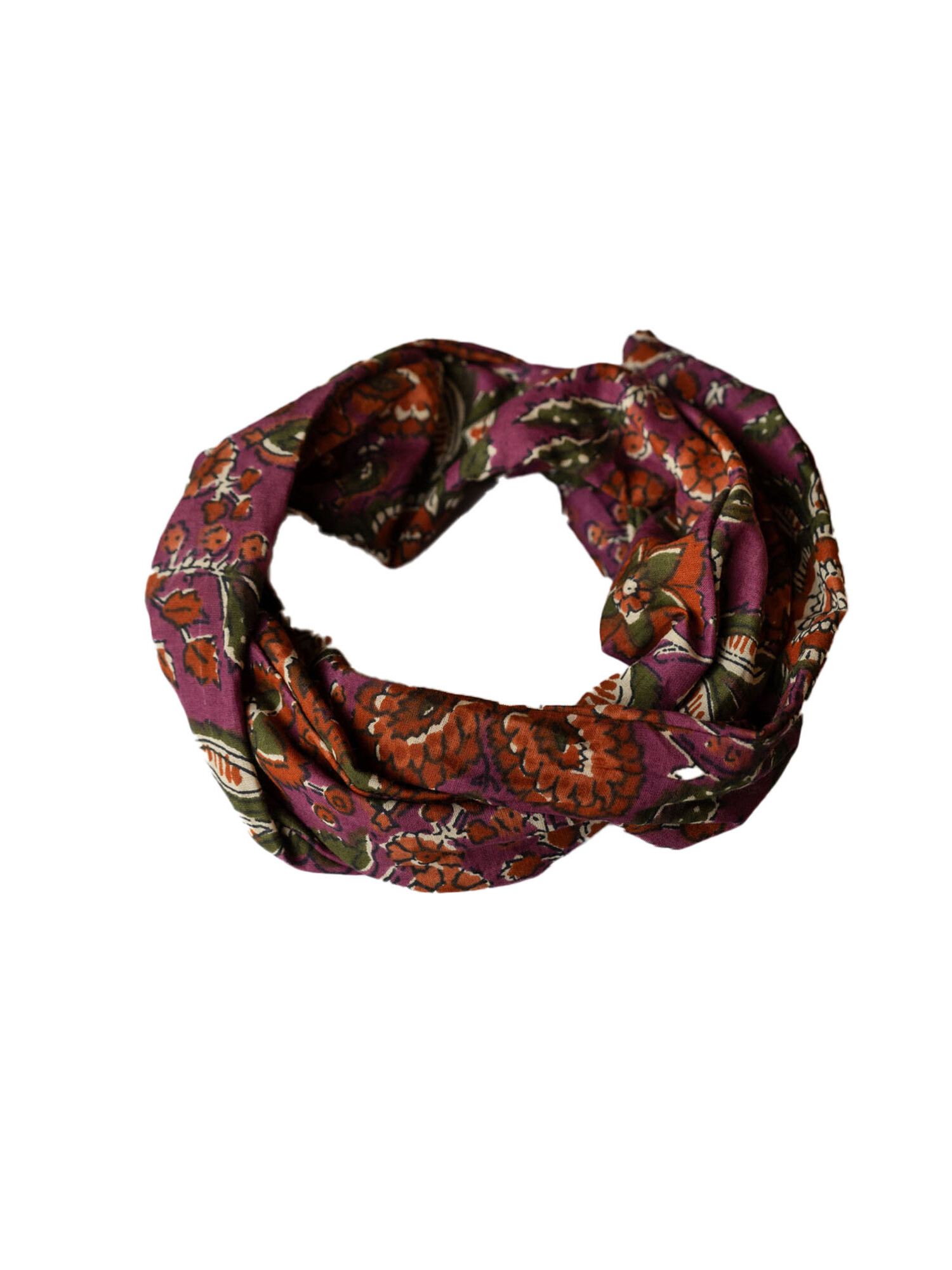 Boho haarband ‘Varja’ paars met oranje-wit-groene print