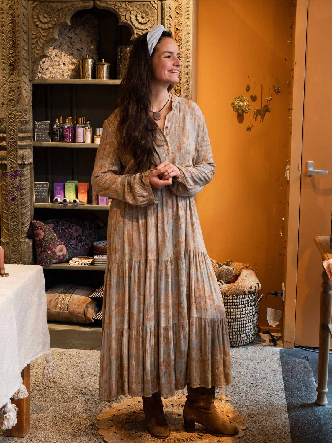 Lange boho jurk Selene met lurex – voorkant